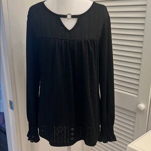 Black Eyelet Blouse with Keyhole Neck & Ring Detail